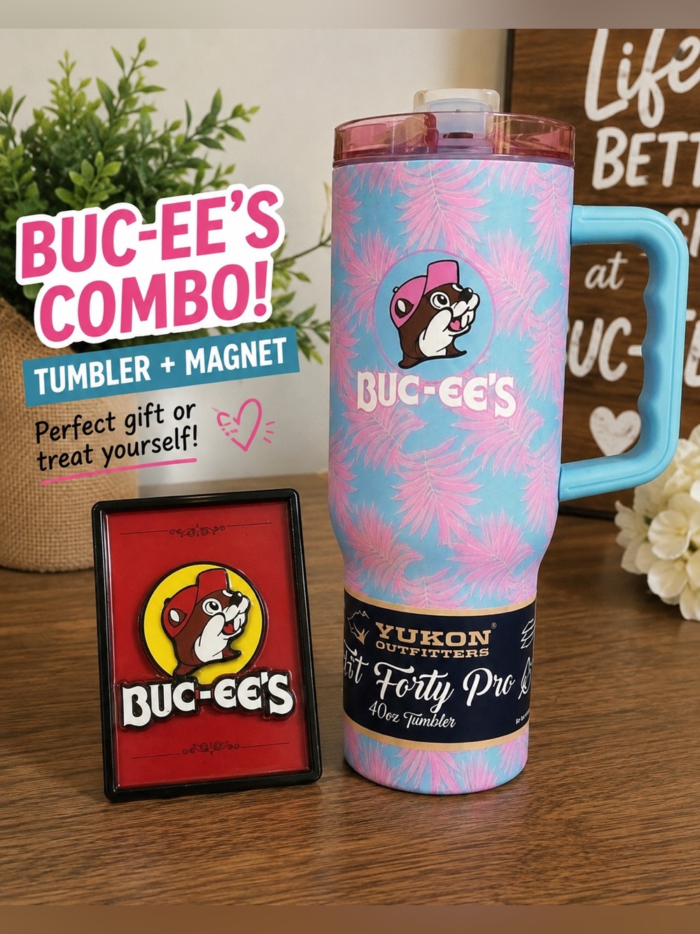 💖 Buc-ee’s 40oz Yukon Outfitters Tumbler | Pink & Blue Tropical 🌴✨ | HTF | Cupho